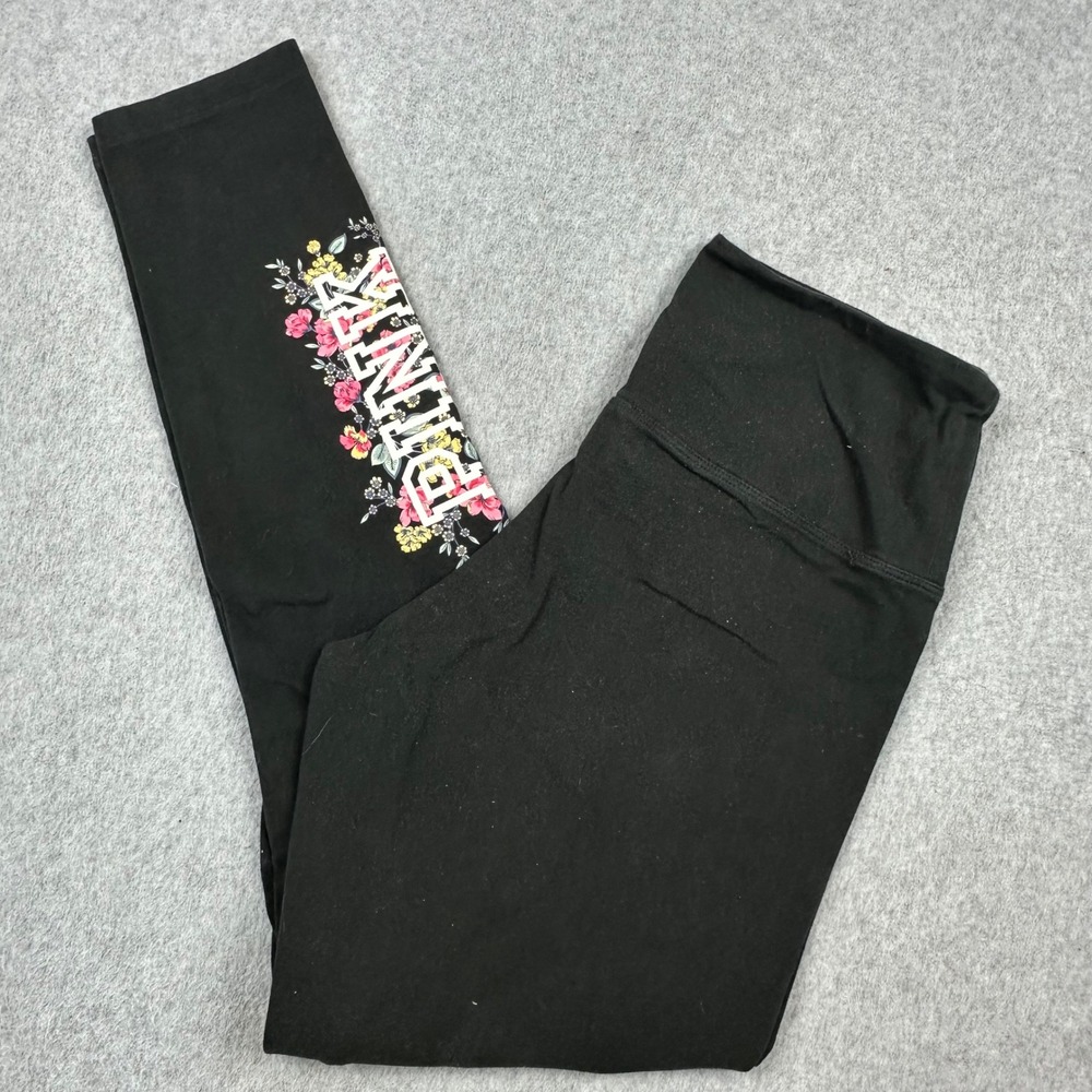 PINK Victoria's Secret Black Floral Logo High Waisted Leggings Large - Picture 1 of 7